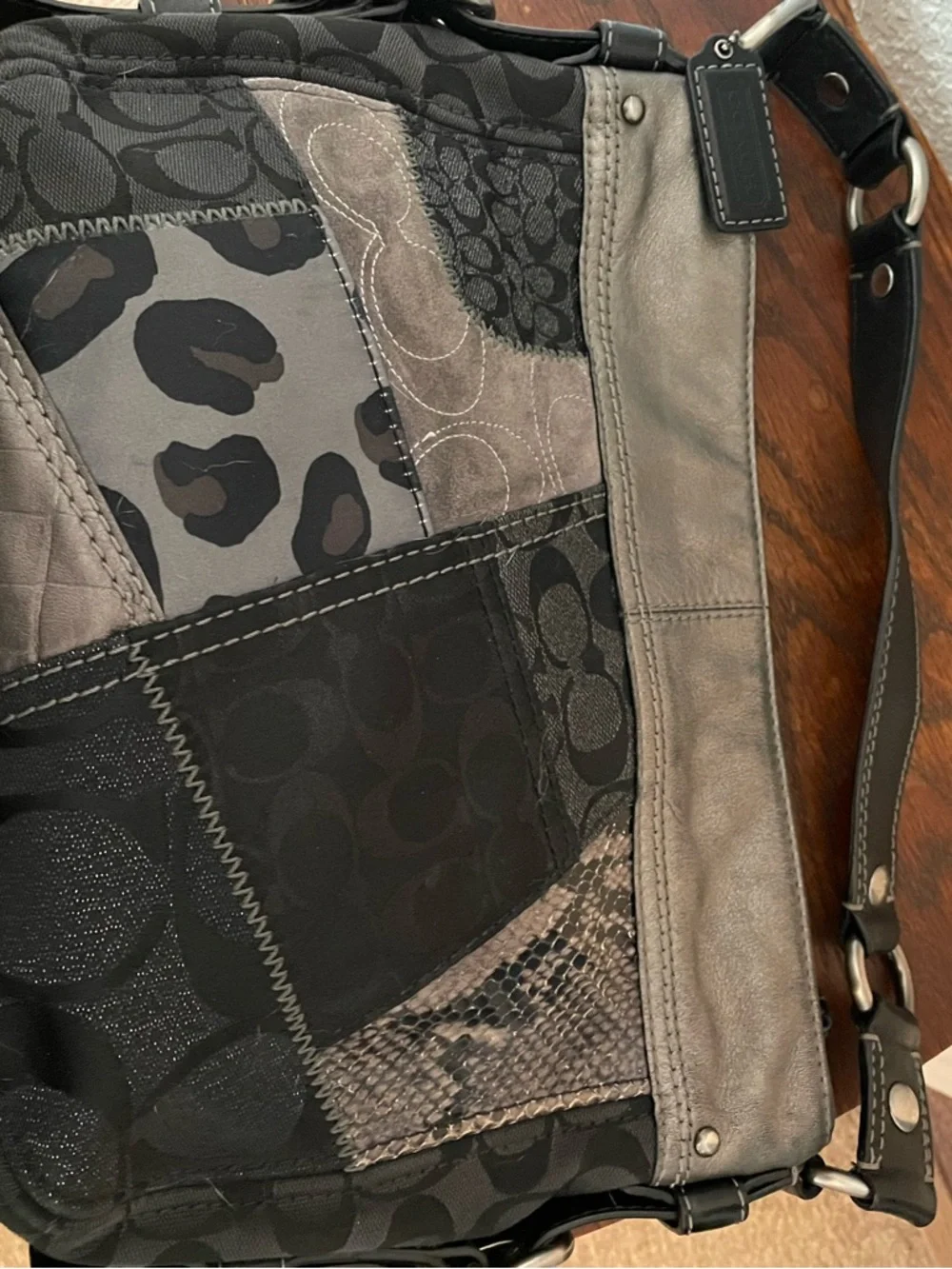 Gorgeous rare Coach shoulder bag. Black and shades of gray patchwork. - Picture 3 of 8